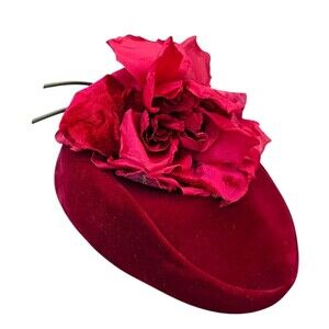 Vintage Adolfo II Beret Hat Velvet Deep Rich Red Rose Flower Statement Church